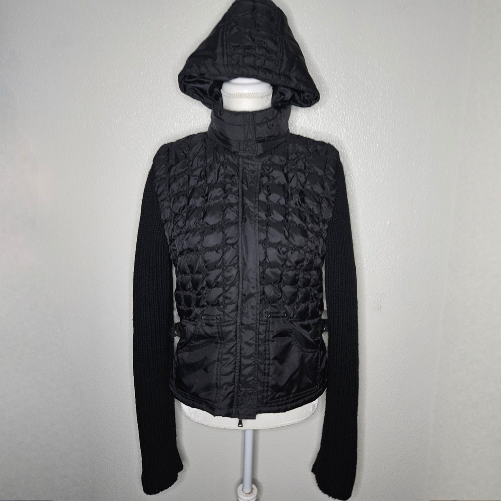 Guess Jeans Black Quilted Puffer Jacket Knit Sleeves Hooded